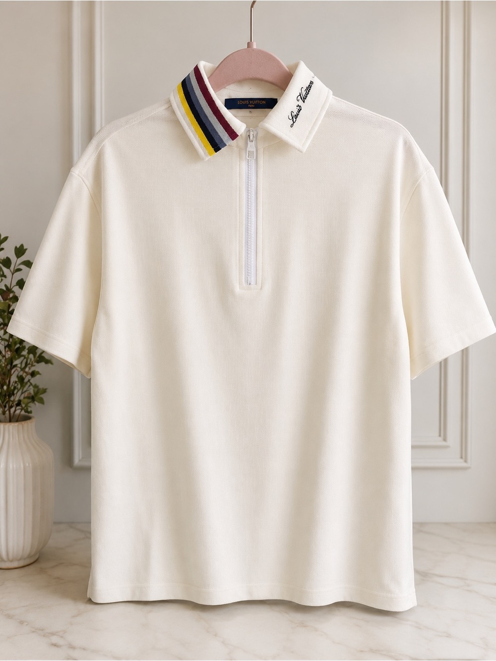 Louis Vuitton Cream Polo with Multicolor Striped Collar